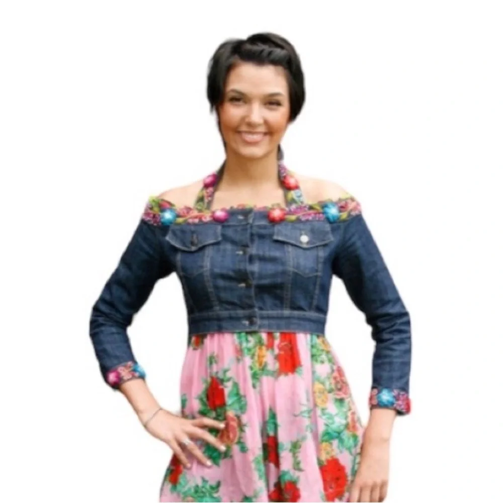 NWT Alma Soul off shoulder cropped Colorful embroidered Denim Jacket - Picture 9 of 10